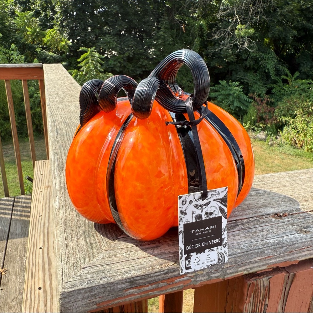 NEW Tahari Orange Black Striped Glass Handblown Pumpkin Decor 6”